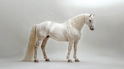 White Lipizzaner horse standing in studio lighting.