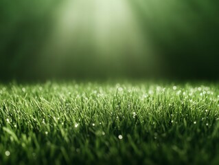 Fototapeta premium Contemporary Eco Aesthetic Sunlit Fresh Grass Blade with Dew Drops for Sustainable Branding and Green Marketing in Wellness Industry