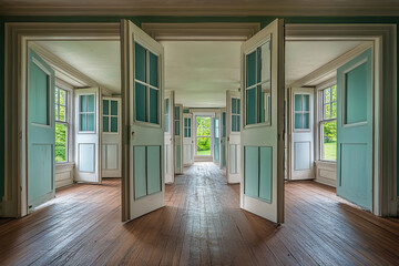 Fototapeta premium Unique house structure featuring numerous doors leading into an unseen void in a highly detailed setting