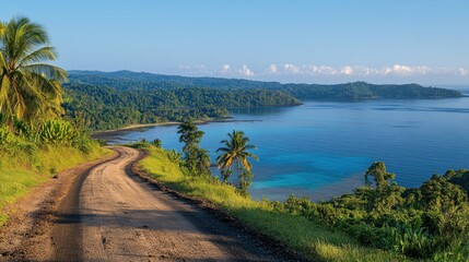Serene Coastal Road with Tropical Landscape and Calm Ocean View