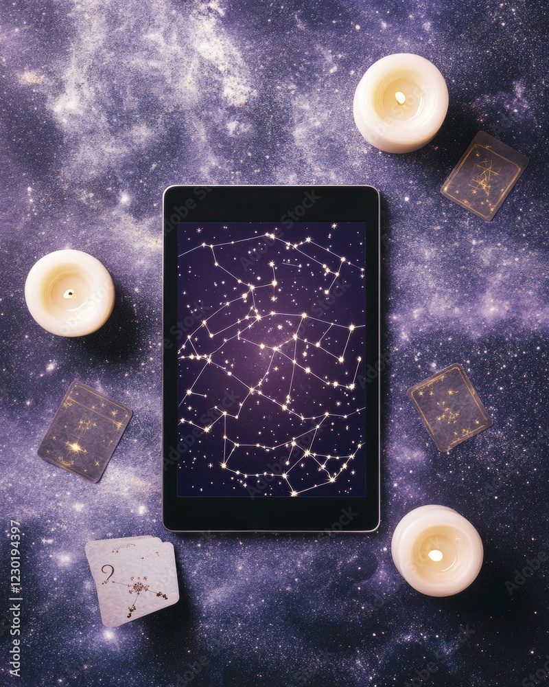 Poster surreal cosmic tech display illuminated astrology app on tablet with candles and tarot - modern digi