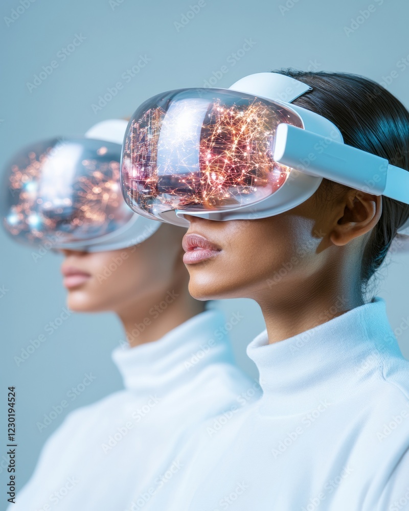 Poster Futuristic VR Collaboration Diverse Women in Smart Tech Workspace Using Holographic Tools - Innovative Solutions for Global Projects in Business and Education