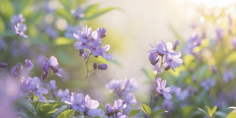 Fototapeta premium Purple flowers blossom in sunlight garden.