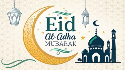 Festive Celebration of Eid Al-Adha with Traditional Elements, Beautiful Mosque, Crescent Moon, and Lantern Decorations for Greetings