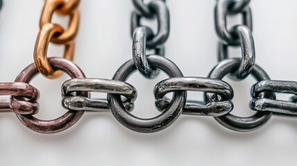 Obraz premium Exploring the strength of chains metallic links industrial setting close-up shot neutral background