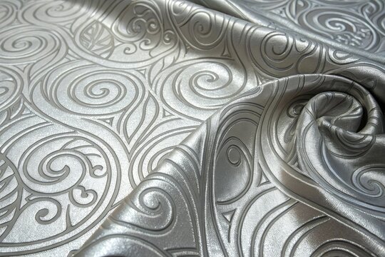 Shimmering metallic silver abstract background with intricate geometric patterns and swirling shapes, contemporary, geometric patterns, decorative, high contrast, metallic