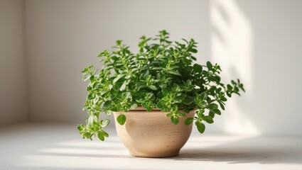 Fototapeta premium A small herb pot with oregano growing indoors.