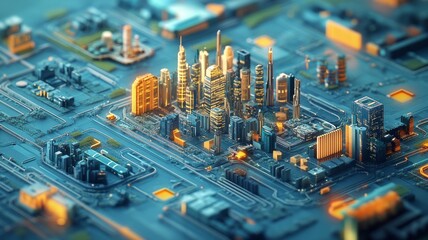 Futuristic city built on a circuit board, symbolizing technological advancement and urban development.