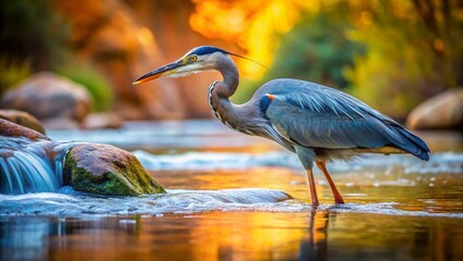 Obraz premium Great Blue Heron Hunting in Zion National Park River - Wildlife Photography