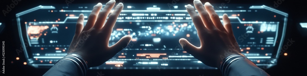 Aufkleber Futuristic Holographic Interface Hands on Abstract Particle Display for Digital Innovation in Tech Business - Enhancing Human-Computer Interactions with Smart Visualization
