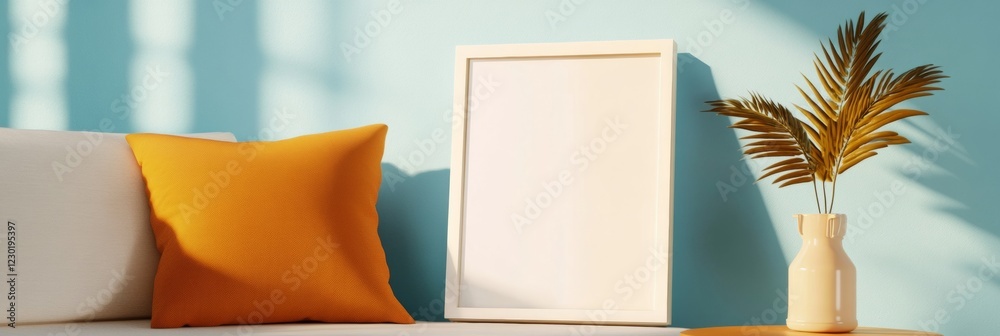 Poster contemporary smart home display minimalist white frame with reflective glass in pastel blue living s