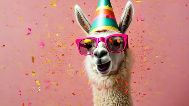 Llama Wearing Colorful Party Hat and Sunglasses Amidst Falling Confetti on Pink Background Celebrating Festive Occasion