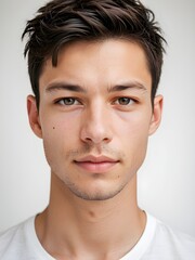 Fototapeta premium A close-up portrait of a young man with curly hair and blue eyes and looking directly at the viewer