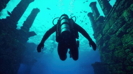 Fototapeta premium A diver explores an underwater scene, surrounded by ancient ruins and vibrant marine life in a serene blue ocean setting.
