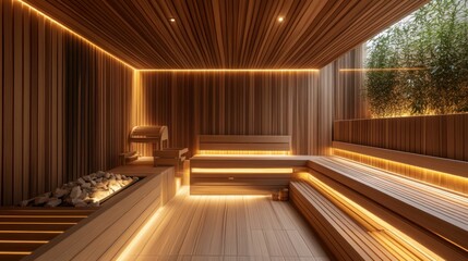 Modern Wooden Sauna with Warm Lighting and a View of Greenery