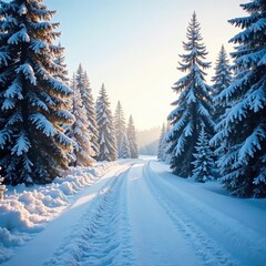 Frosty morning with snow-covered Christmas trees and a quiet road, quiet road, snowy forest, evergreen trees