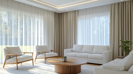 Modern Minimalist Living Room Design with Natural Light and Curtains