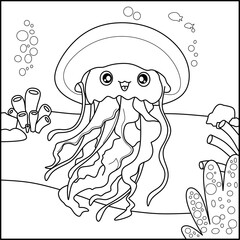 Jellyfish line art for coloring book with simple background