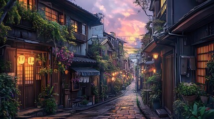 Fototapeta premium Street lit at dusk, old buildings, sky view