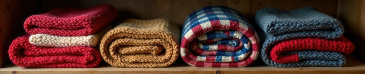 Fototapeta premium Knitted and plaid blanket pile on wooden shelf, snug comfort, cozy storage, soft lighting