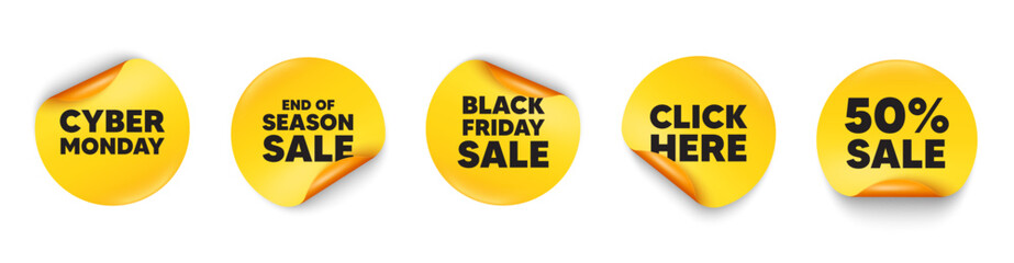 Cyber monday sticker tag. 50 percent discount, Black friday paper price banners. Cyber Monday Sale tag. Special offer price sign. Advertising Discounts symbol. Click here sticker. Vector