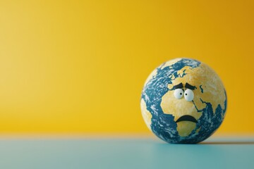 A cartoonish globe with a worried expression against a vibrant yellow background, highlighting environmental concerns.