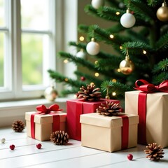 Gift boxes placed under a fir tree with pinecones and berries, nature, Christmas, berry