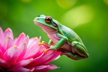Obraz premium Green Frog Perched on a Vibrant Pink Flower - Spring Nature Stock Photo