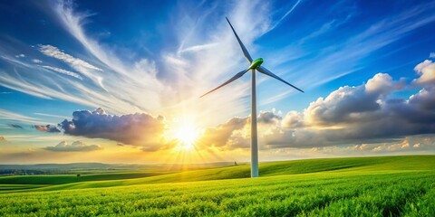 Obraz premium Green Energy: Wind Turbine in a Sunny Field - Eco-Friendly Power Generation
