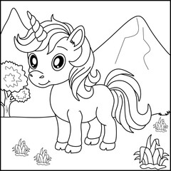 Unicorn line art for coloring book with simple background