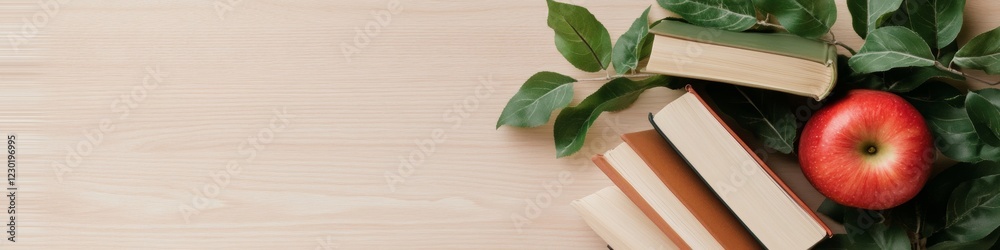 Fototapete Minimalist Knowledge Hub Open Book Stack with Apple on Wooden Surface - Educational Branding and Visual Content for Modern Learning Environments