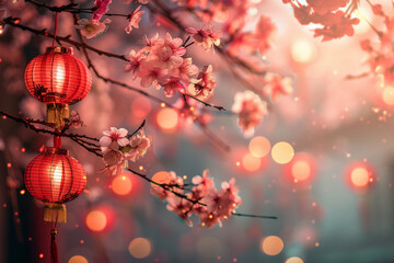 Beautiful holiday composition for happy celebrate chinese festival of lanterns, abstract vivid composition consists of fictional unreal fantastic vision on background