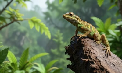Small lizard perched on the edge of a branch above a leafy green landscape , nature, outdoor, wildlife