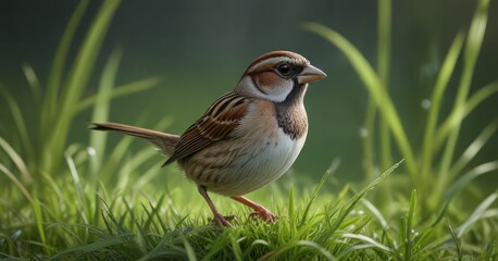 Small sparrow hopping along the grass stem with its beak poking out front, songbird, grass, action shot