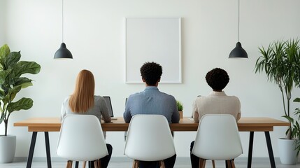 Team meeting in modern office space collaborative discussion minimalistic design professional setting focused atmosphere