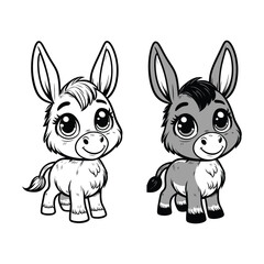 Adorable Cartoon Donkey - Black and White Line Art for Coloring Books and Kids' Illustrations