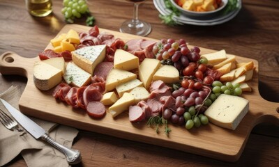 High angle view of gourmet cheese and meat platter served with white wine on wooden board, appetizing display, upscale event, luxury lifestyle, entertaining