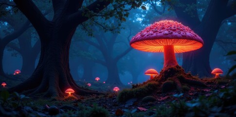 Luminous fungi glow in the darkness of ancient trees, glowing trees, ancient