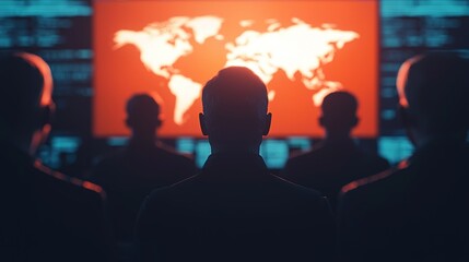 Strategic cybersecurity meeting global headquarters digital environment dark mood tactical planning
