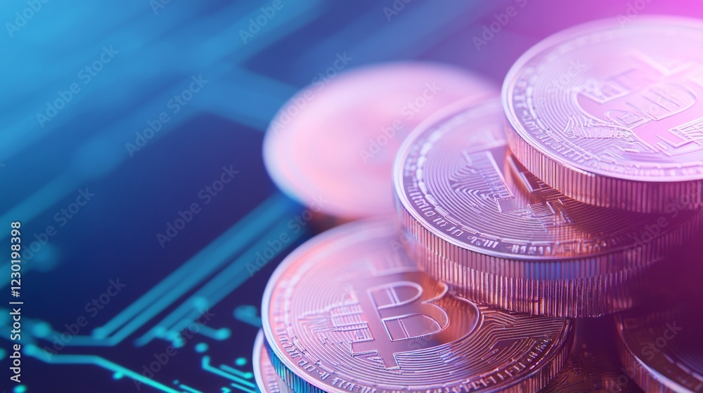 Poster Neon-Lit Cryptocurrency Display Stacked Gold and Silver Coins with Circuit Patterns - Blockchain Fintech Aesthetics and Modern Digital Economy Applications
