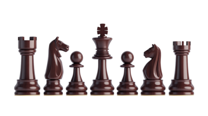 Isolated Dark Wooden Chess Pieces in a Row