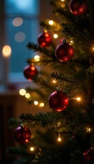 Magical ambiance created by string lights on a Christmas tree, enchanting, glow