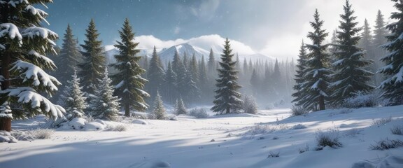 Snow-covered landscape with evergreen trees and snowflakes falling from the sky, snowflakes, frosty atmosphere, frozen lake