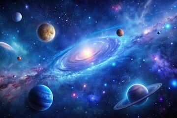High-resolution image of a vast galaxy with stars and planets in shades of blue and purple, celestial, cosmos, dark matter, astronomy, galaxy