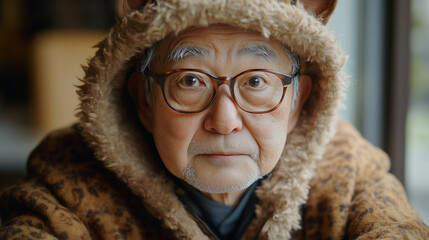 A Japanese grandfather who considers himself a cat. A thoughtful elderly man in a brown animal-themed hoodie, gazing into the camera with a serene expression Perfect for lifestyle and portrait themes