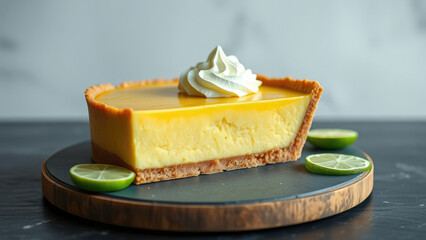 Homemade zesty lime pie with a swirl of whipped cream on a sleek slate board, citrus confectionery, pastry art, dessert for two, festive garnish