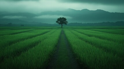 Fototapeta premium Tranquil Green Landscape with Lone Tree and Misty Mountains