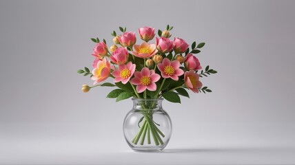 A vase with pink flowers on grey background.