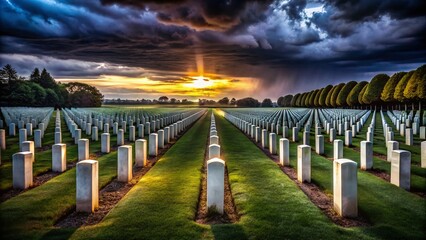 Grey Sky Over Military Cemetery: Rows of Tombstones, Honoring Fallen Soldiers