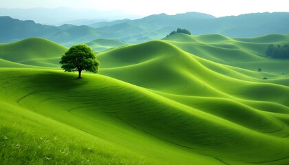 Serene Green Hills Landscape with Single Tree